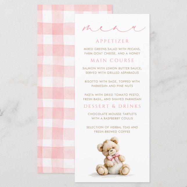 Teddy-Bär-Menus Karten im rosa Gingham-Muster (Vorne/Hinten)