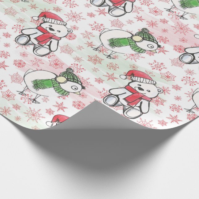 Teddy-Bär mit Aquarellfarbe und Birdie Weihnachten Geschenkpapier (Ecke)
