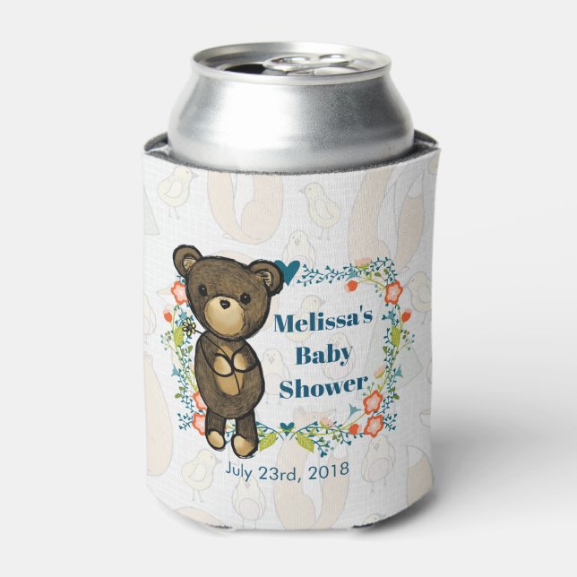 Teddy Bär mit Blumenschmuck Baby Dusche Dosenkühler (Kanne Vorderseite)