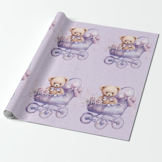 Teddy Bär mit Lavendel Carriage Girl Baby Shooter Geschenkpapier (Ungerollt)