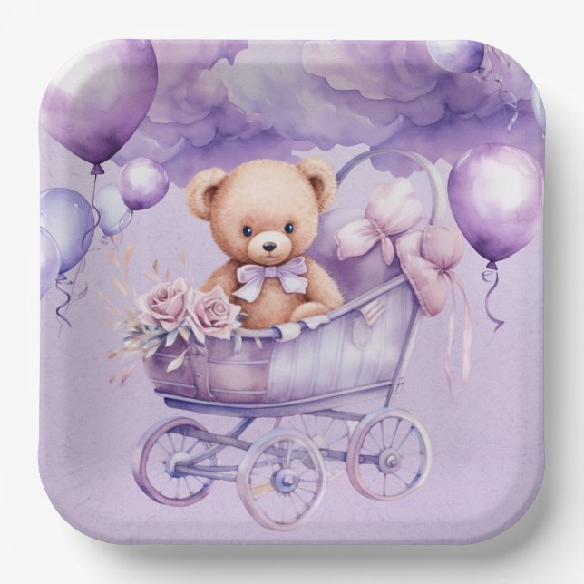 Teddy Bär mit Lavendel Carriage Girl Baby Shooter Pappteller (Vorderseite)