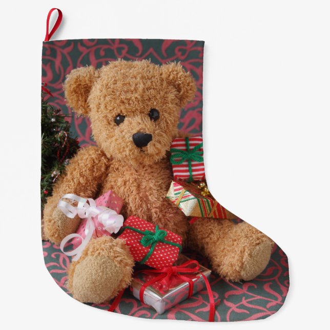 Teddy Bär mit vielen Weihnachtsgeschenken Großer Weihnachtsstrumpf (Vorderseite)