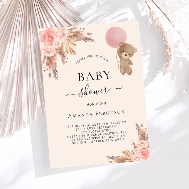 Teddy Bär pink beige Pampas Mädchen Babydusche Einladung (Von Creator hochgeladen)