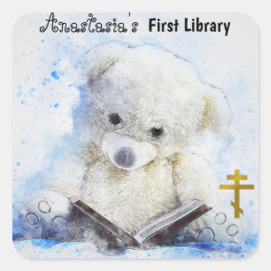 Teddy Bar Reading Orthodoxe Christliches Buchzeich Quadratischer Aufkleber