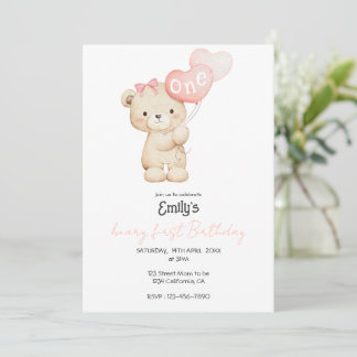 Teddy-Bär rosa 1. Geburtstagsfeier für Baby Mädche Einladung