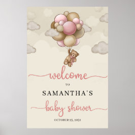Teddy Bär rosa braune Ballons Baby Begrüßungszeich Poster