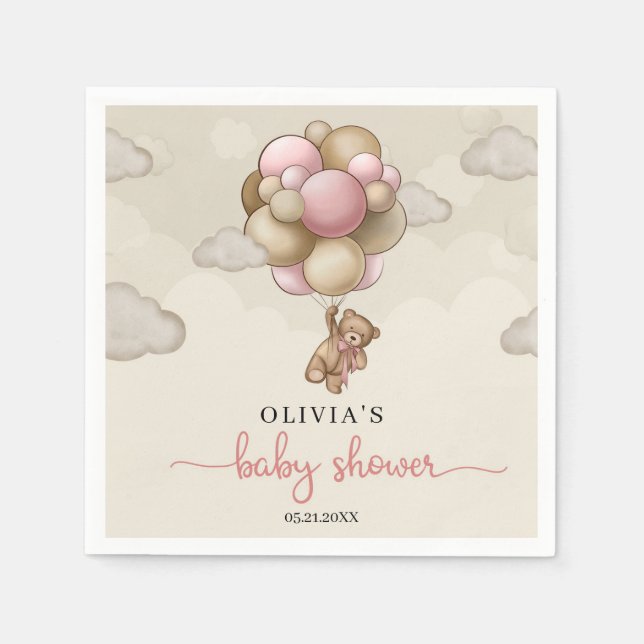 Teddy Bär rosa braune Ballons Mädchen Dusche Baby Serviette (Vorderseite)