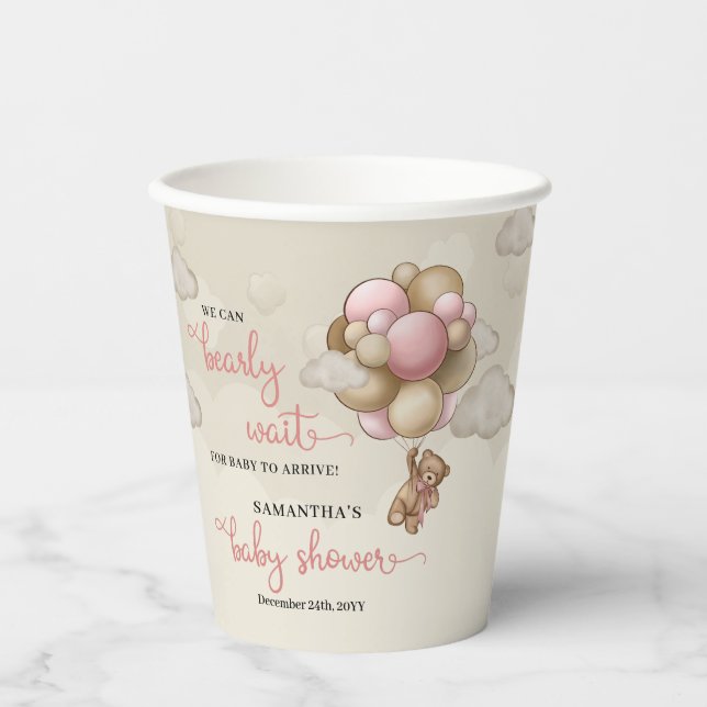 Teddy Bär rosa braune Elfenbeinballons Babydusche Pappbecher (Vorderseite)