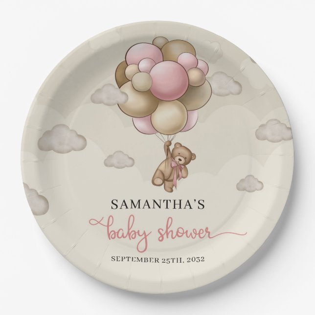 Teddy Bär rosa braune Elfenbeinballons Babydusche Pappteller (Vorderseite)
