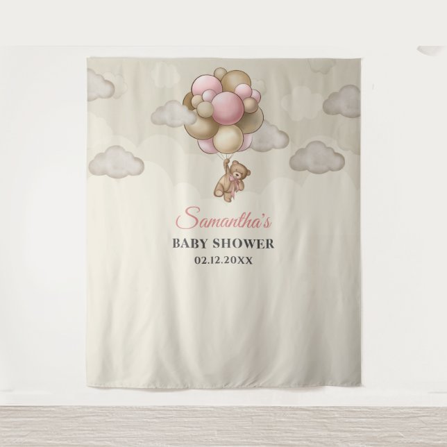 Teddy Bär rosa braune Elfenbeinballons im Hintergr Wandteppich (Vorderseite)