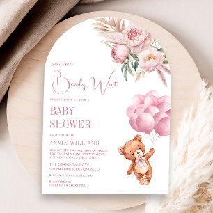 Teddy-Bär Rosa Luftballons Floraler Torbogen Babyp Einladung