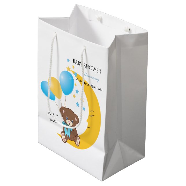 Teddy Bär sitzt auf dem Mond | Baby Boy Dusche Mittlere Geschenktüte (Vorderseite Schrägansicht)