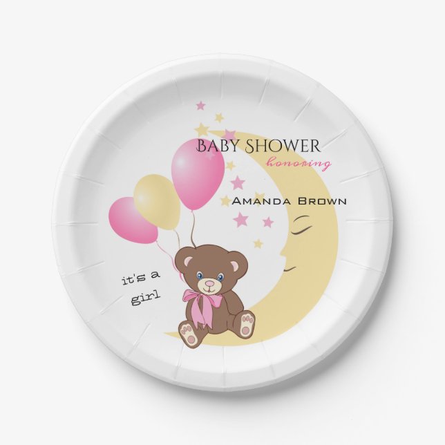 Teddy Bär sitzt auf dem Mond | Baby Girl Shower Pappteller (Vorderseite)