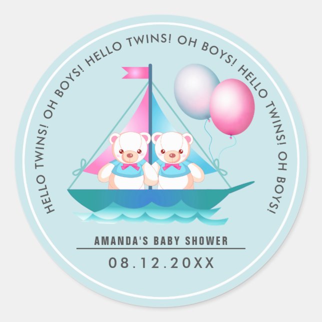 Teddy-Bär | Twin Boys Baby Dusche Pflegeaufkleber Runder Aufkleber (Vorderseite)