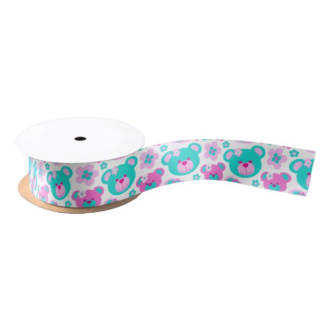 Teddy Bär und Blume Rosa Aqua Satinband (Spule)