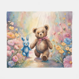 Teddy Bär und Bunny im Pastellgarten Fleecedecke
