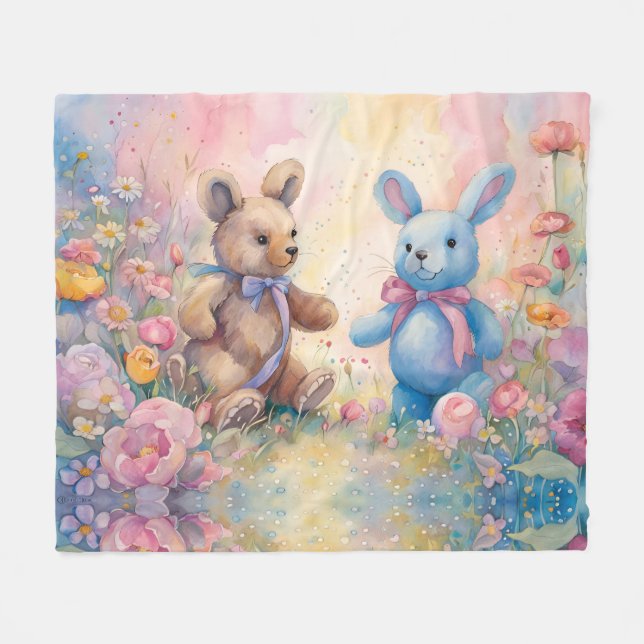 Teddy Bär und Bunny im Pastellgarten Fleecedecke (Vorderseite (Horizontal))