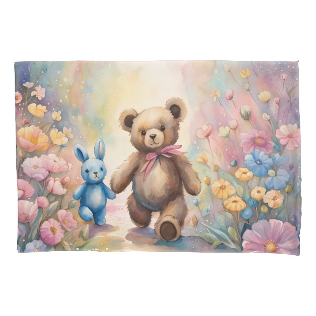 Teddy Bär und Bunny im Pastellgarten Kissenbezug (Vorderseite)