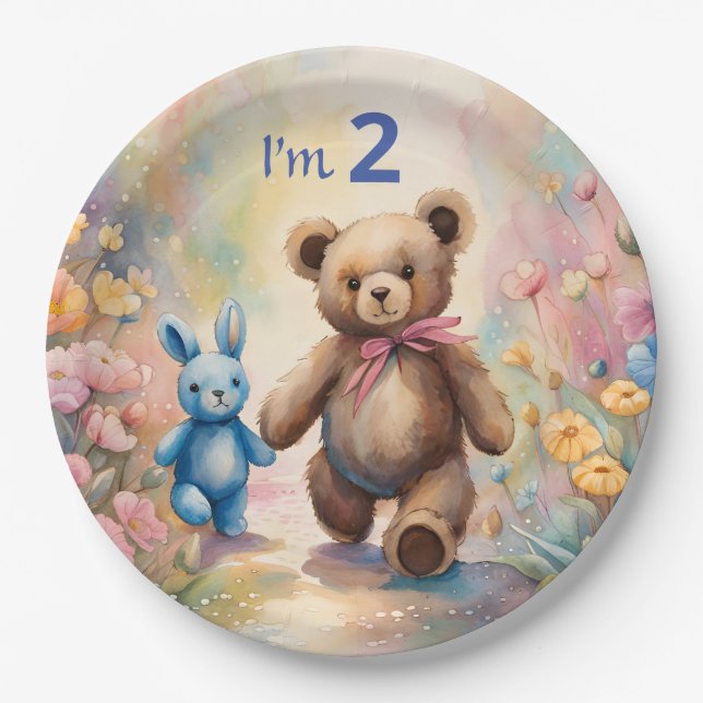 Teddy Bär und Bunny im Pastellgarten Pappteller (Vorderseite)