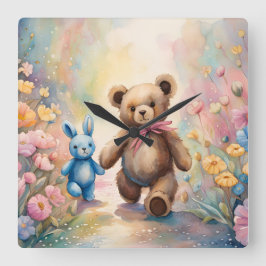 Teddy Bär und Bunny im Pastellgarten Quadratische Wanduhr