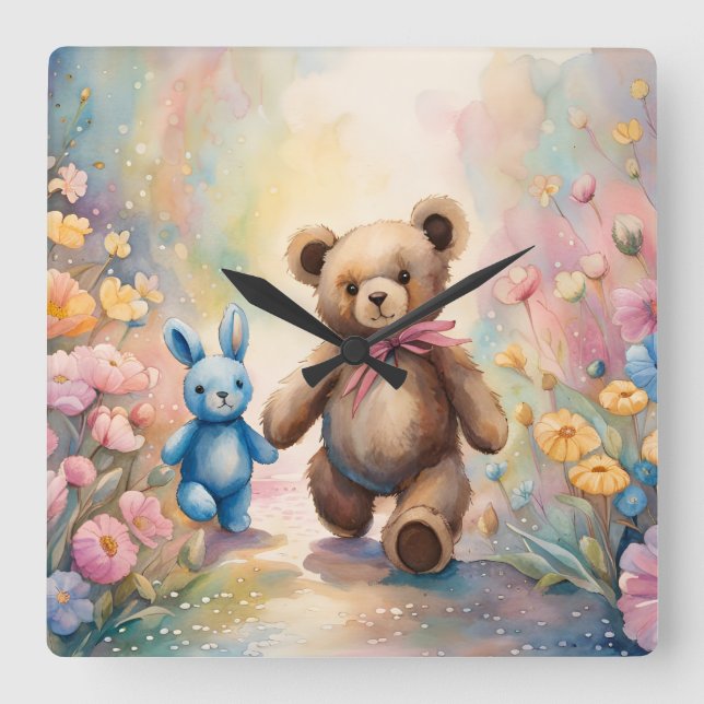 Teddy Bär und Bunny im Pastellgarten Quadratische Wanduhr (Vorderseite)