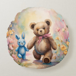 Teddy Bär und Bunny im Pastellgarten Rundes Kissen