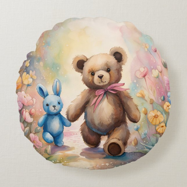 Teddy Bär und Bunny im Pastellgarten Rundes Kissen (Vorderseite)