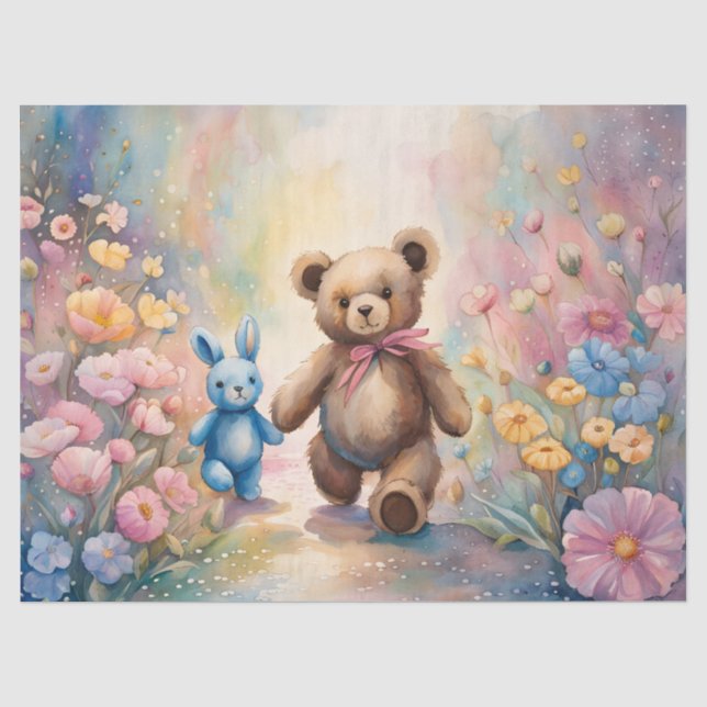 Teddy Bär und Bunny im Pastellgarten Seidenpapier (Vorderseite)