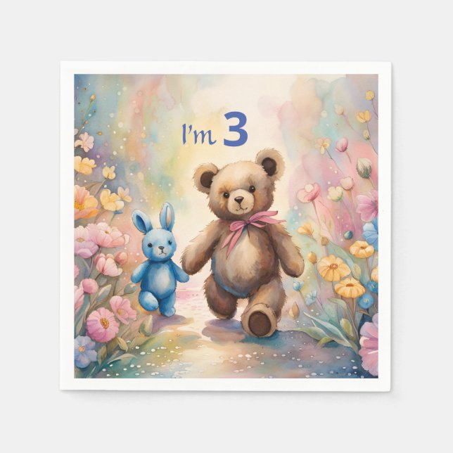 Teddy Bär und Bunny im Pastellgarten Serviette (Vorderseite)