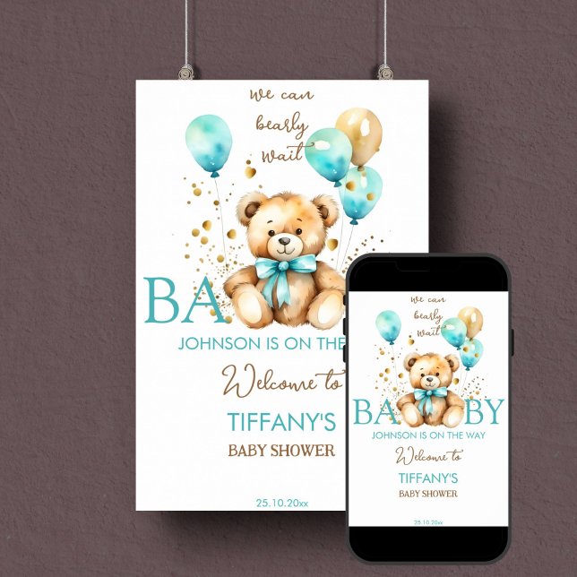 Teddy Bär Warten Baby Dusche Begrüßungszeichen Poster (Bearly wait teddy bear baby shower welcome sign poster instant download teal and gold baby boy)