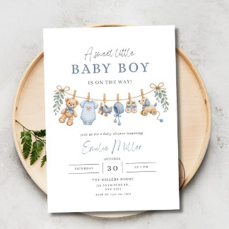 Teddy-Bär-Wäscheleine-Junge-Baby-Party-Minimalist Einladung