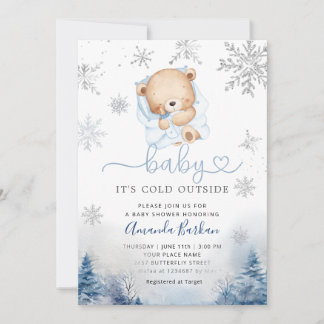 Teddy-Bär-Winter-Schneeflocken-Blauer-Junge-Baby-P Einladung