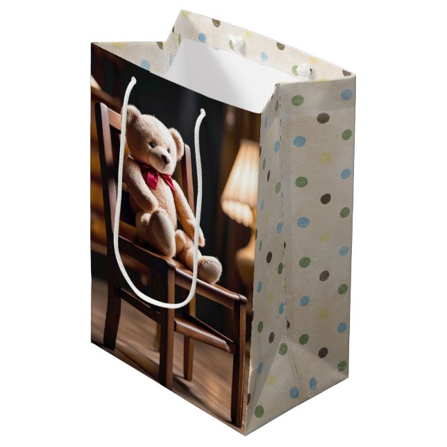 Teddy Bären auf einem Stuhl mit Polka Dots Mittlere Geschenktüte (Vorderseite Schrägansicht)