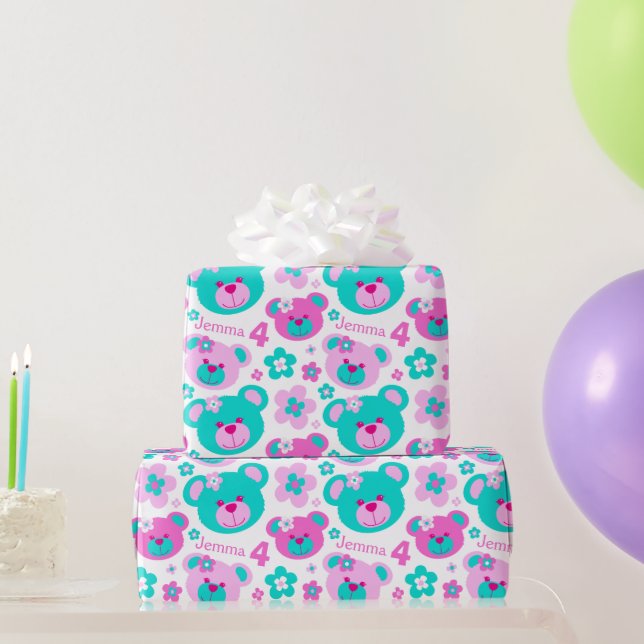 Teddy Bären Blume 4. Geburtstagsnamensgeschenk Geschenkpapier (Partygeschenke)
