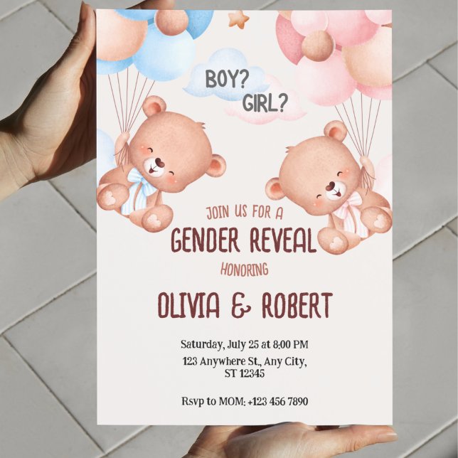 Teddy Bären Gender Reveve Invitation Balloons Einladung (Gender Reveal Invitation Template Teddy Bear Gender Reveal Invitation)