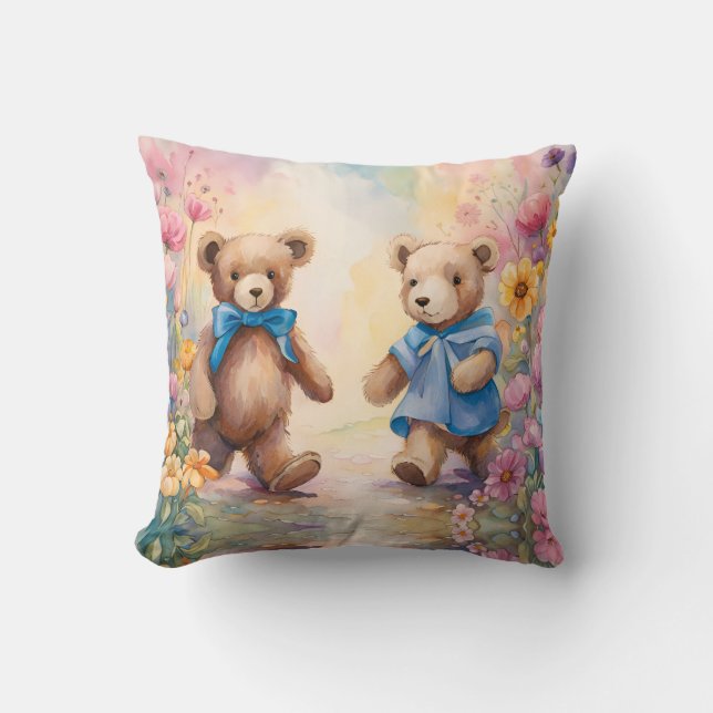Teddy Bären in einem Pastelgarten Kissen (Vorderseite)