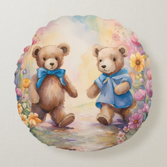 Teddy Bären in einem Pastelgarten Rundes Kissen (Vorderseite)