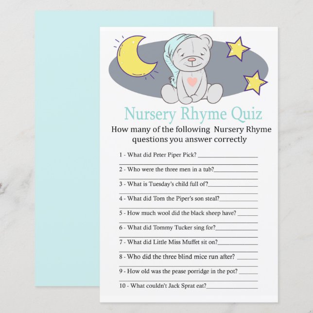Teddy Bären Kinderzimmer Rhyme Quiz Kinderduschens (Vorne/Hinten)