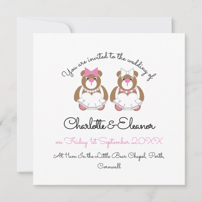 Teddy Bären Lesbian Hochzeit niedlich weiß Einladung (Rückseite)