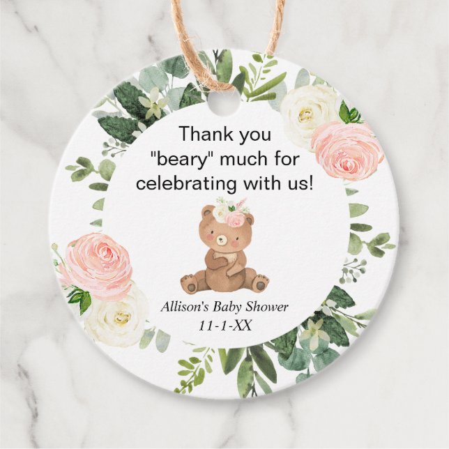 Teddy Bären rosa Blumenmädchen Babydusche Danke Geschenkanhänger (Vorderseite)