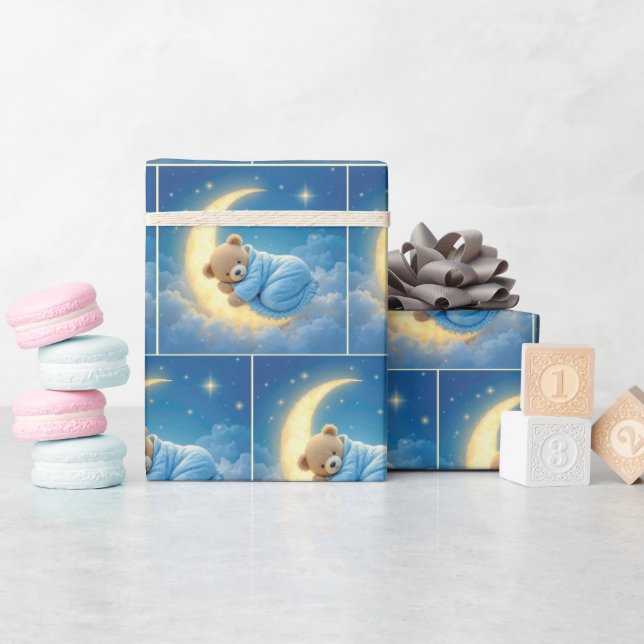 Teddy Bären schlafen auf dem Mond Geschenkpapier (Babyparty)