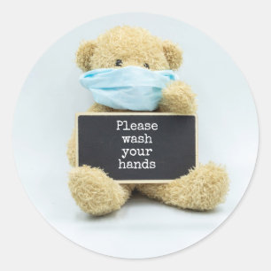 Teddy Bären tragen Gesichtsmaske bitte Hände was Runder Aufkleber