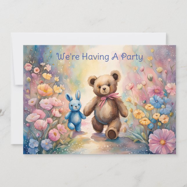 Teddy Bären und Bunny In einem pastellfarbenen Par Ankündigung (Vorderseite)