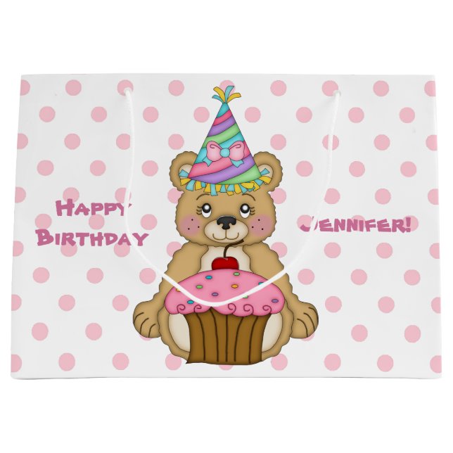 Teddy-Bärn-Kuchen-Rosa personalisiert Große Geschenktüte (Vorderseite)