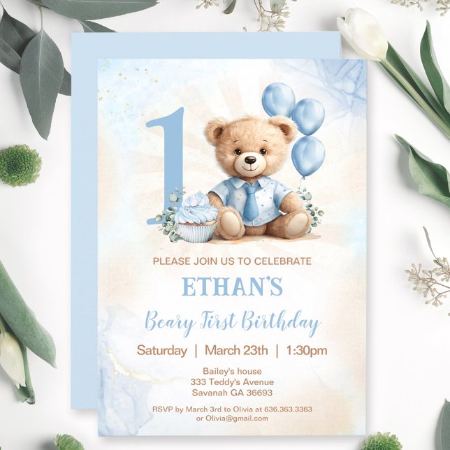 Teddy Bear 1. Geburtstag Blue Balloons Einladung (Teddy Bear 1st Birthday Blue Balloons Invitation)