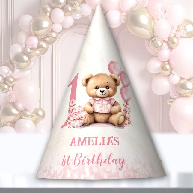 Teddy Bear 1. Geburtstag Pink Balloons Papier Partyhütchen (Teddy Bear 1st Birthday Pink Balloons Paper Party Hat)