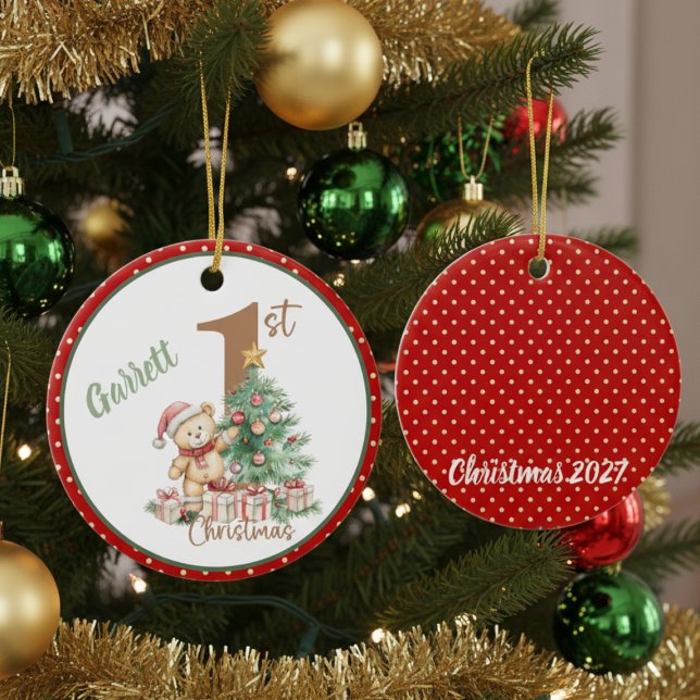 Teddy Bear 1. Weihnachten Keramik Ornament (Personalized Baby's first Christmas ornament)