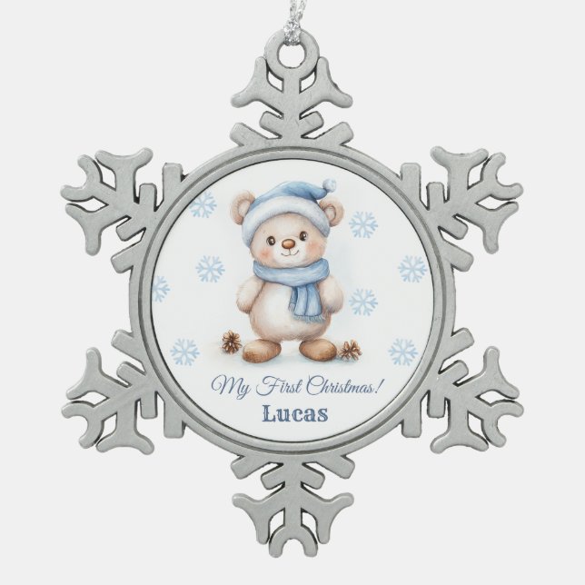 Teddy Bear 1. Weihnachten Schneeflocken Zinn-Ornament (Vorderseite)