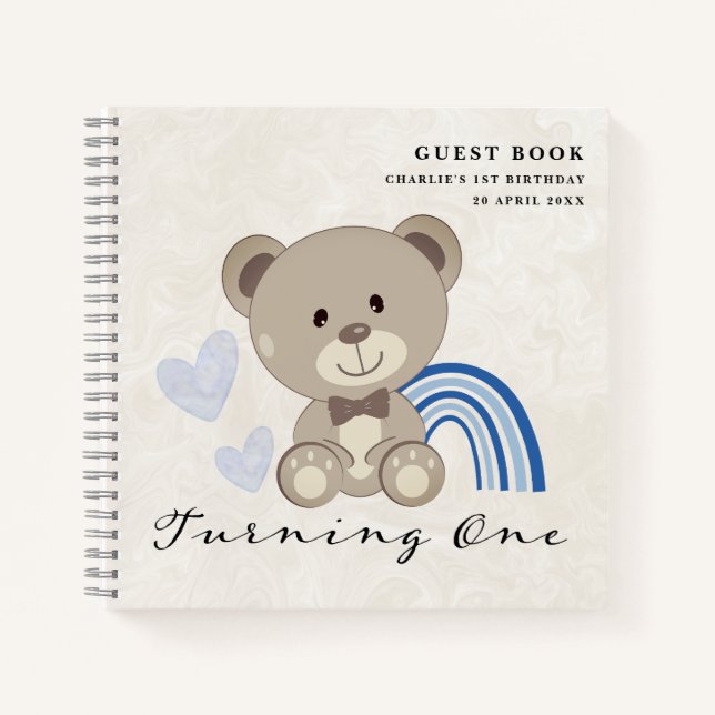 Teddy Bear 1er Anniversaire Livre d'or bleu (Devant)