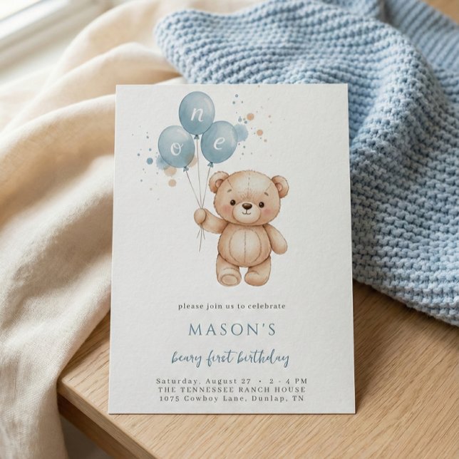 Teddy Bear 1st Birthday Blue Watercolor Einladung (Von Creator hochgeladen)